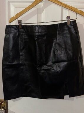 Lulu's Black Faux Leather Mini Skirt with Front Slit